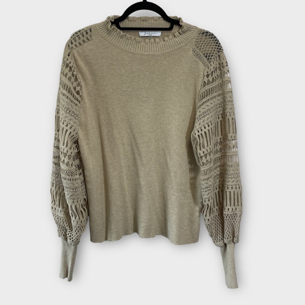 Tan beige lace puff sleeve mock neck top XL